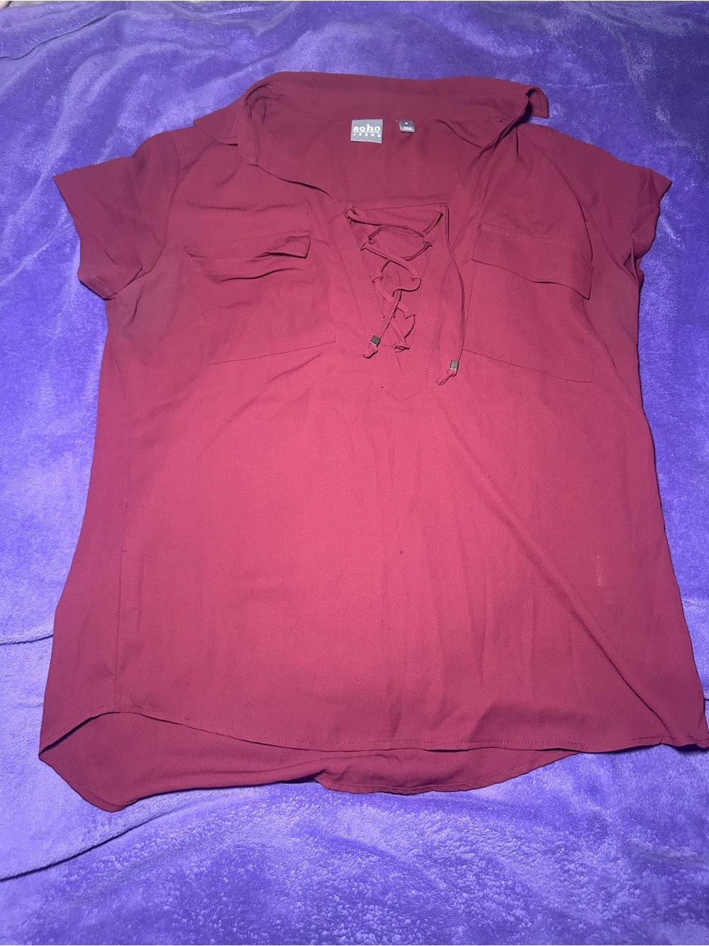 Soho Jeans by New York & Company Lace-Up Short Sleeve Blouse - Burgundy